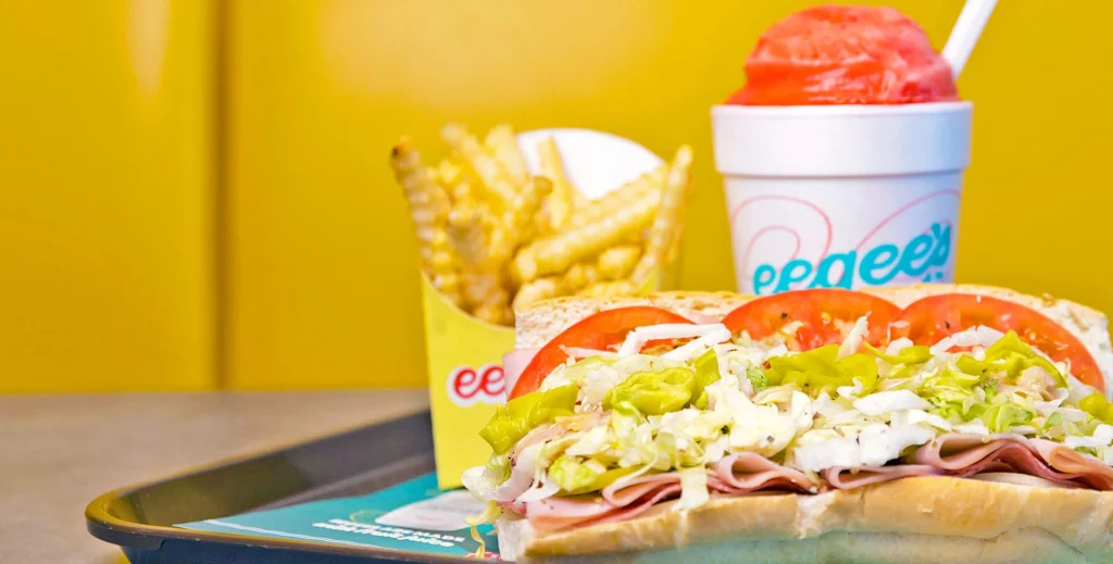Sub, fries, and eegee drink at Eegee's restaurant