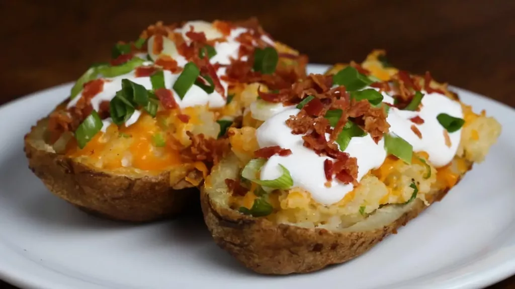 Smoked baked potatoes to sour cream, shredded chees, and pork