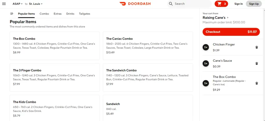 Doordash menu for Raising Cane's